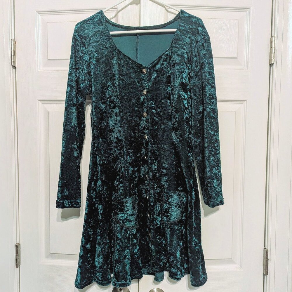 Vintage Emerald Green Crushed Velvet Skater Babydoll Fit Flare Dress Whimsigoth - Picture 3 of 13